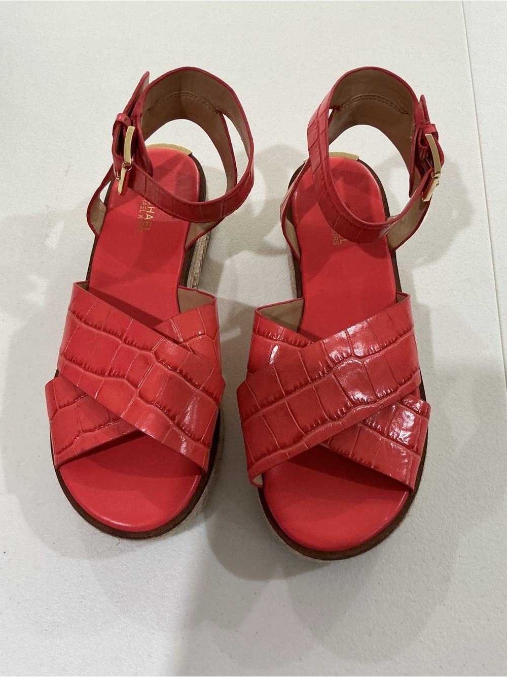Michael Kors Red Croc-Embossed Ankle-Strap Sandals